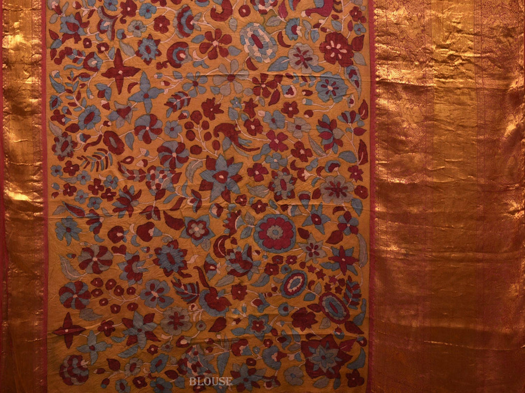 Yellow and Red Kalamkari Hand Painted Kanchipuram Silk Handloom Saree with Floral Design - Global Threads | Grocsy