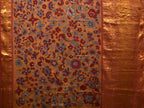 Yellow and Red Kalamkari Hand Painted Kanchipuram Silk Handloom Saree with Floral Design - Global Threads | Grocsy