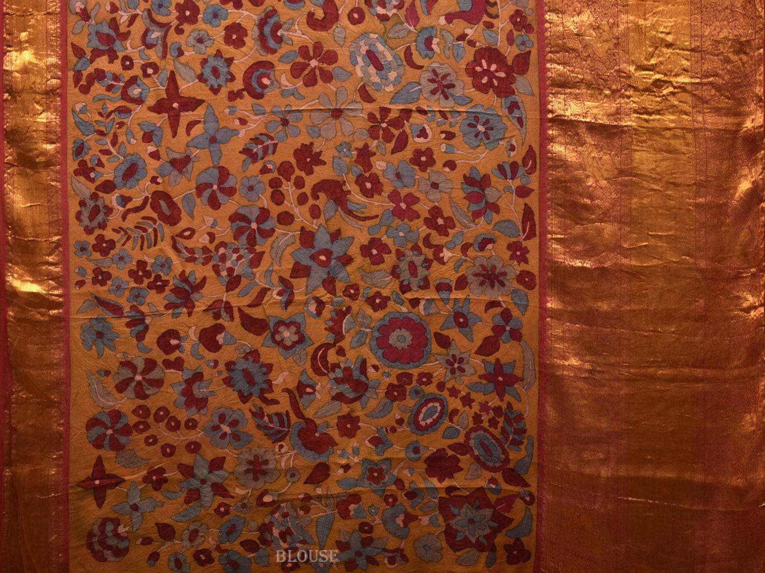 Yellow and Red Kalamkari Hand Painted Kanchipuram Silk Handloom Saree with Floral Design - Global Threads | Grocsy