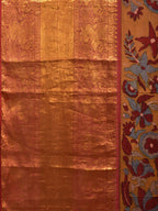 Yellow and Red Kalamkari Hand Painted Kanchipuram Silk Handloom Saree with Floral Design - Global Threads | Grocsy
