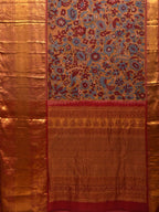 Yellow and Red Kalamkari Hand Painted Kanchipuram Silk Handloom Saree with Floral Design - Global Threads | Grocsy