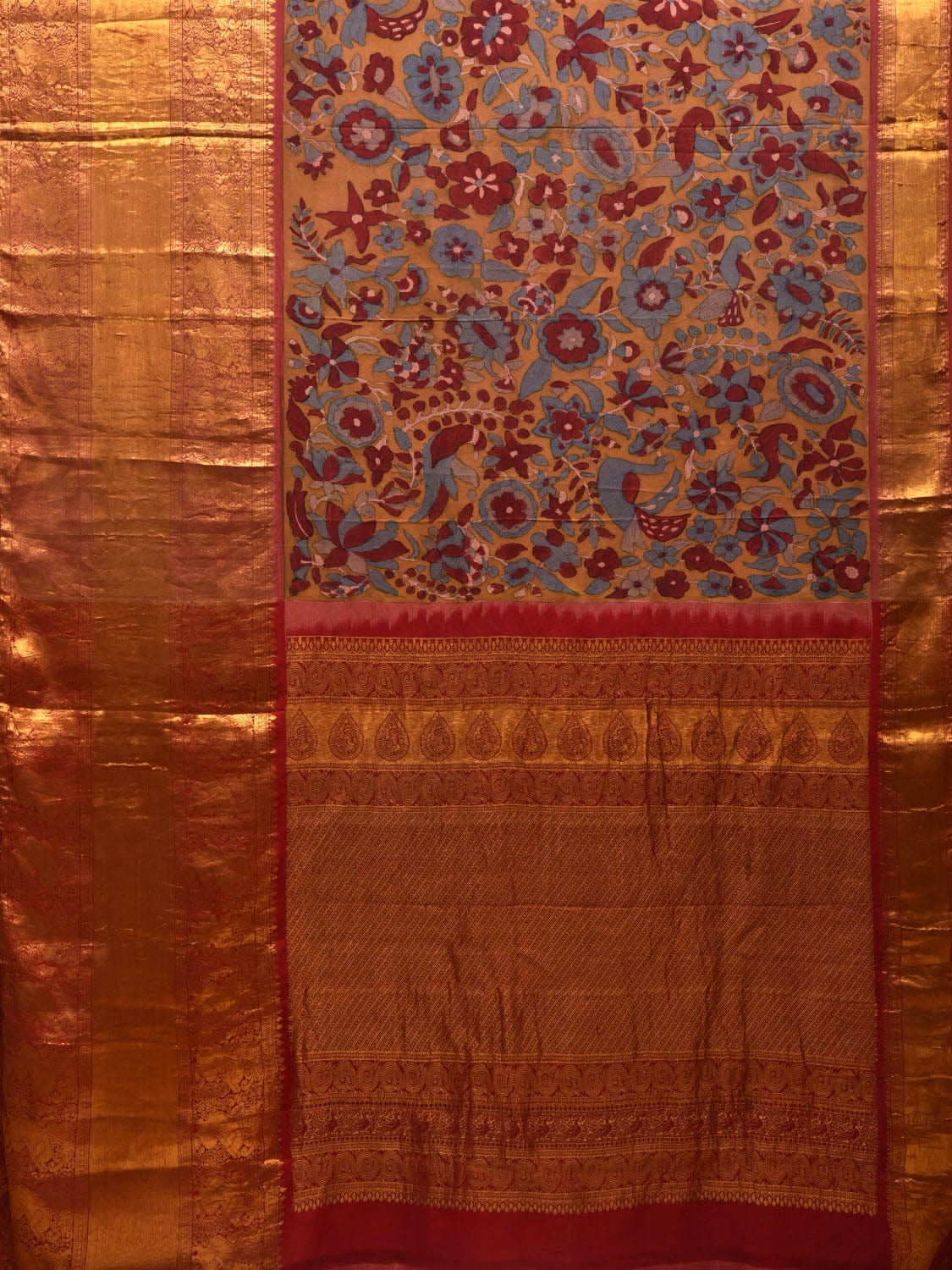 Yellow and Red Kalamkari Hand Painted Kanchipuram Silk Handloom Saree with Floral Design - Global Threads | Grocsy
