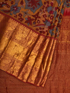 Yellow and Red Kalamkari Hand Painted Kanchipuram Silk Handloom Saree with Floral Design - Global Threads | Grocsy