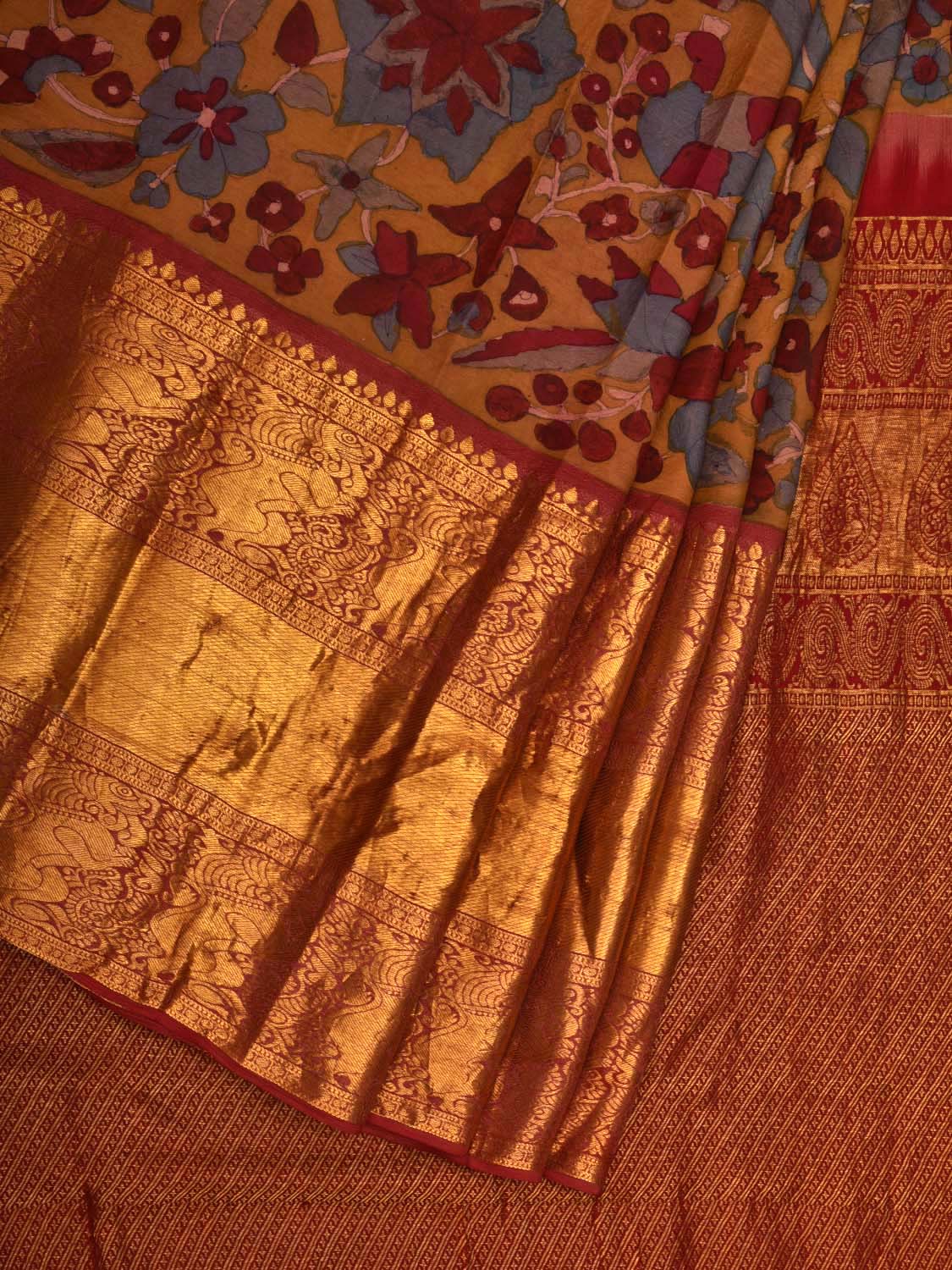 Yellow and Red Kalamkari Hand Painted Kanchipuram Silk Handloom Saree with Floral Design - Global Threads | Grocsy