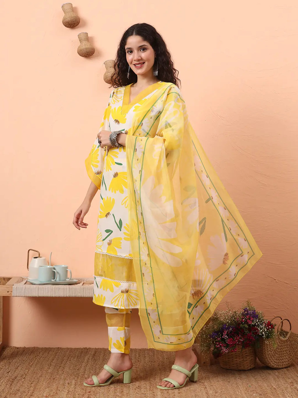 Yufta Yellow And White Floral Kantha Work Straight Kurta Trouser Dupatta Set | Grocsy