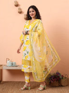 Yufta Yellow And White Floral Kantha Work Straight Kurta Trouser Dupatta Set | Grocsy