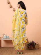 Yufta Yellow And White Floral Kantha Work Straight Kurta Trouser Dupatta Set | Grocsy
