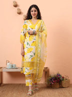 Yufta Yellow And White Floral Kantha Work Straight Kurta Trouser Dupatta Set | Grocsy
