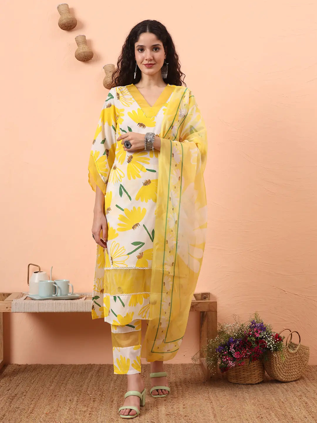 Yufta Yellow And White Floral Kantha Work Straight Kurta Trouser Dupatta Set | Grocsy