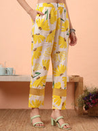 Yufta Yellow And White Floral Kantha Work Straight Kurta Trouser Dupatta Set | Grocsy