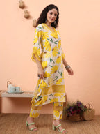 Yufta Yellow And White Floral Kantha Work Straight Kurta Trouser Dupatta Set | Grocsy