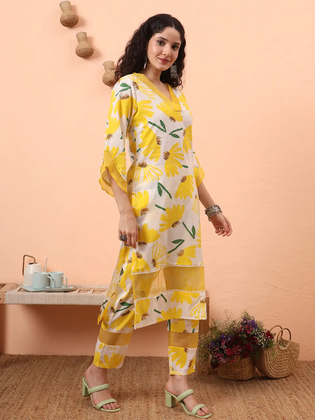 Yufta Yellow And White Floral Kantha Work Straight Kurta Trouser Dupatta Set | Grocsy