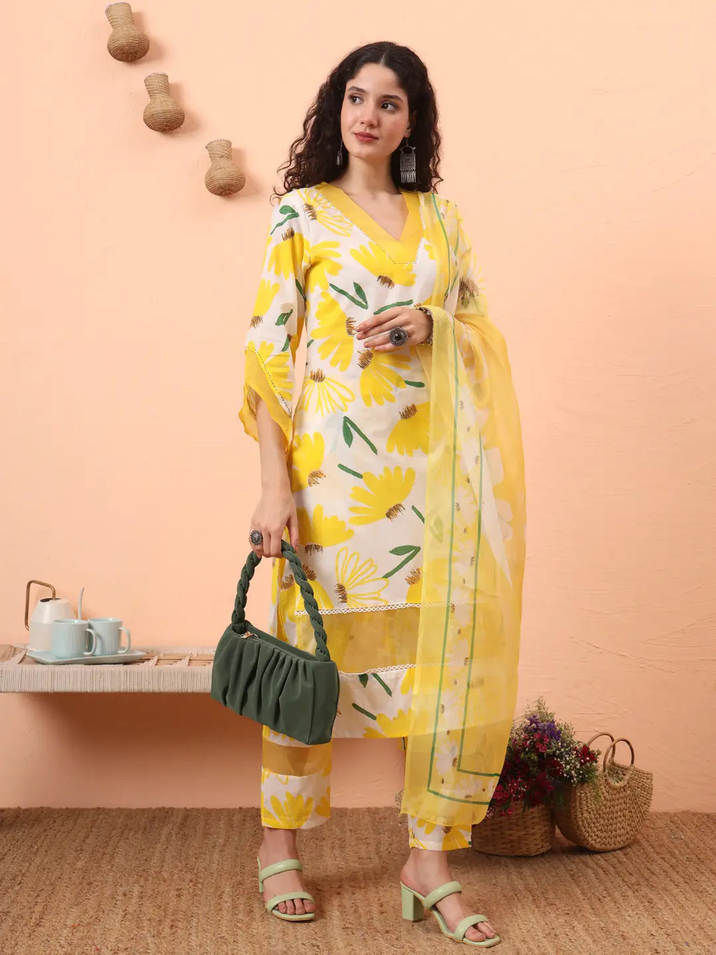 Yufta Yellow And White Floral Kantha Work Straight Kurta Trouser Dupatta Set | Grocsy