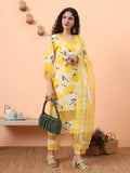 Yufta Yellow And White Floral Kantha Work Straight Kurta Trouser Dupatta Set | Grocsy