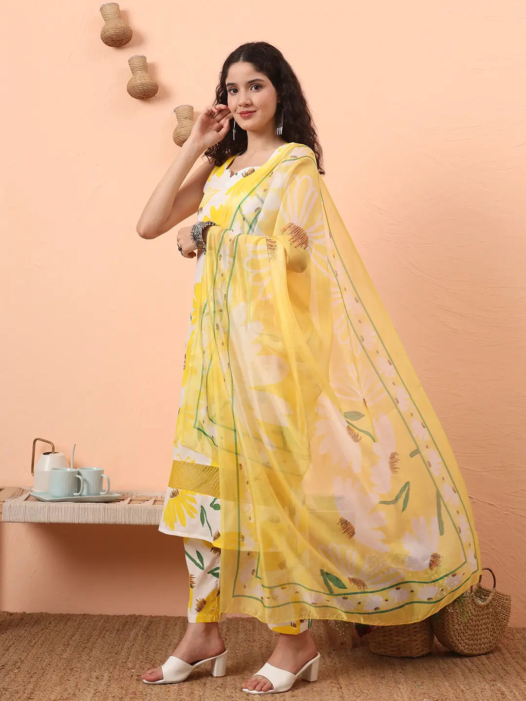 Yufta Yellow And White Floral Straight Kurta Trouser Dupatta Set | Grocsy