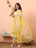 Yufta Yellow And White Floral Straight Kurta Trouser Dupatta Set | Grocsy