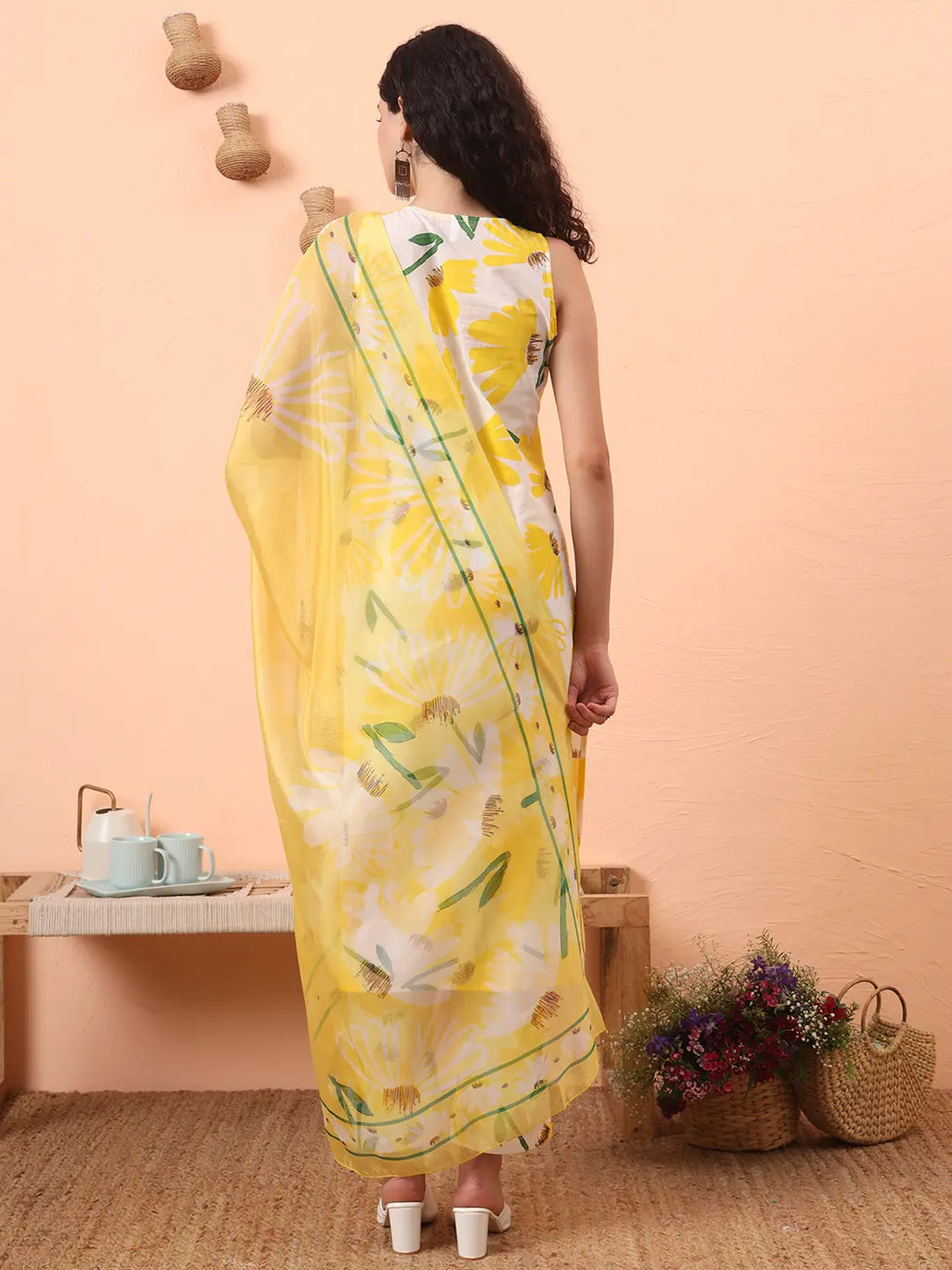 Yufta Yellow And White Floral Straight Kurta Trouser Dupatta Set | Grocsy