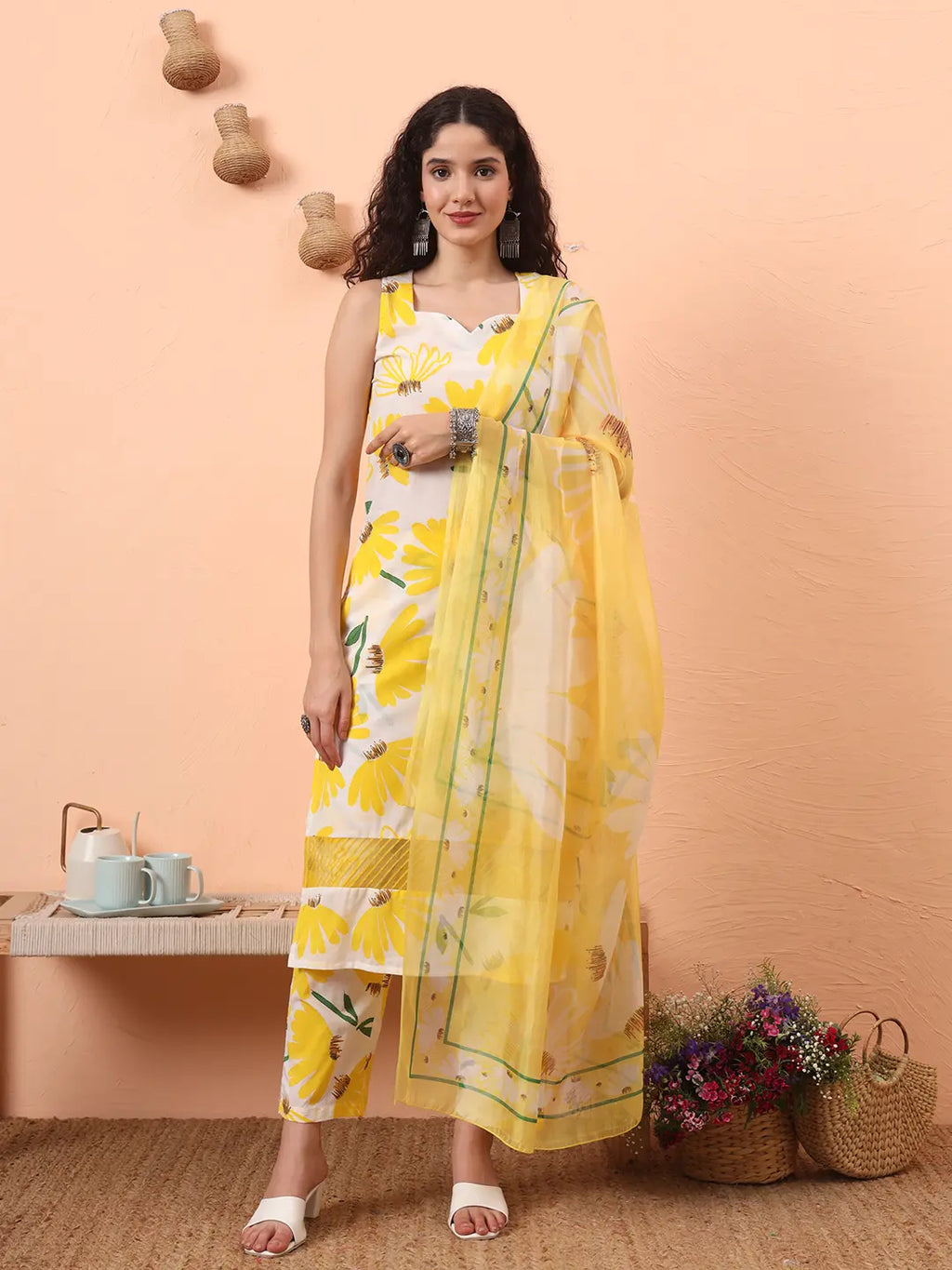 Yufta Yellow And White Floral Straight Kurta Trouser Dupatta Set | Grocsy
