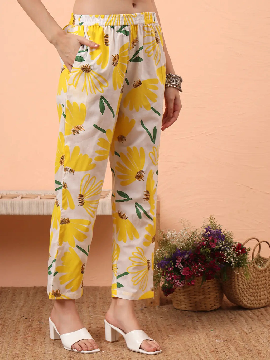 Yufta Yellow And White Floral Straight Kurta Trouser Dupatta Set | Grocsy