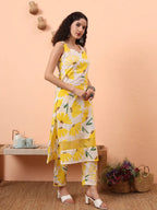 Yufta Yellow And White Floral Straight Kurta Trouser Dupatta Set | Grocsy