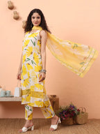 Yufta Yellow And White Floral Straight Kurta Trouser Dupatta Set | Grocsy