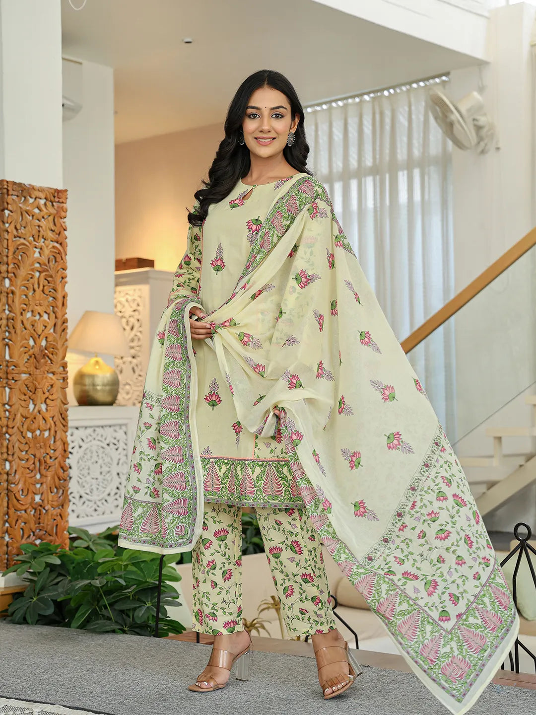 Yufta Yellow Cotton A Line Kurta Dupatta Set | Grocsy