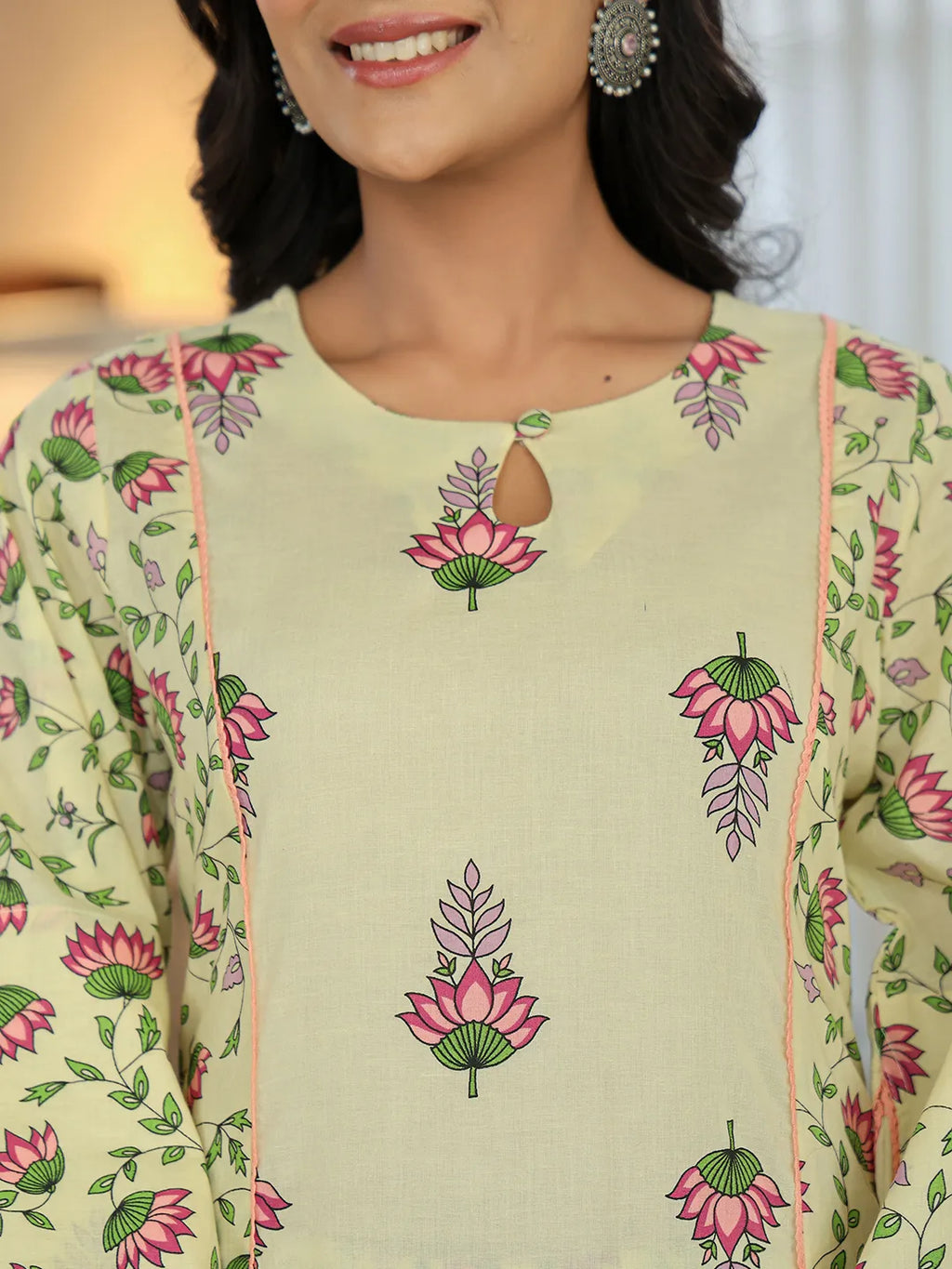 Yufta Yellow Cotton A Line Kurta Dupatta Set | Grocsy