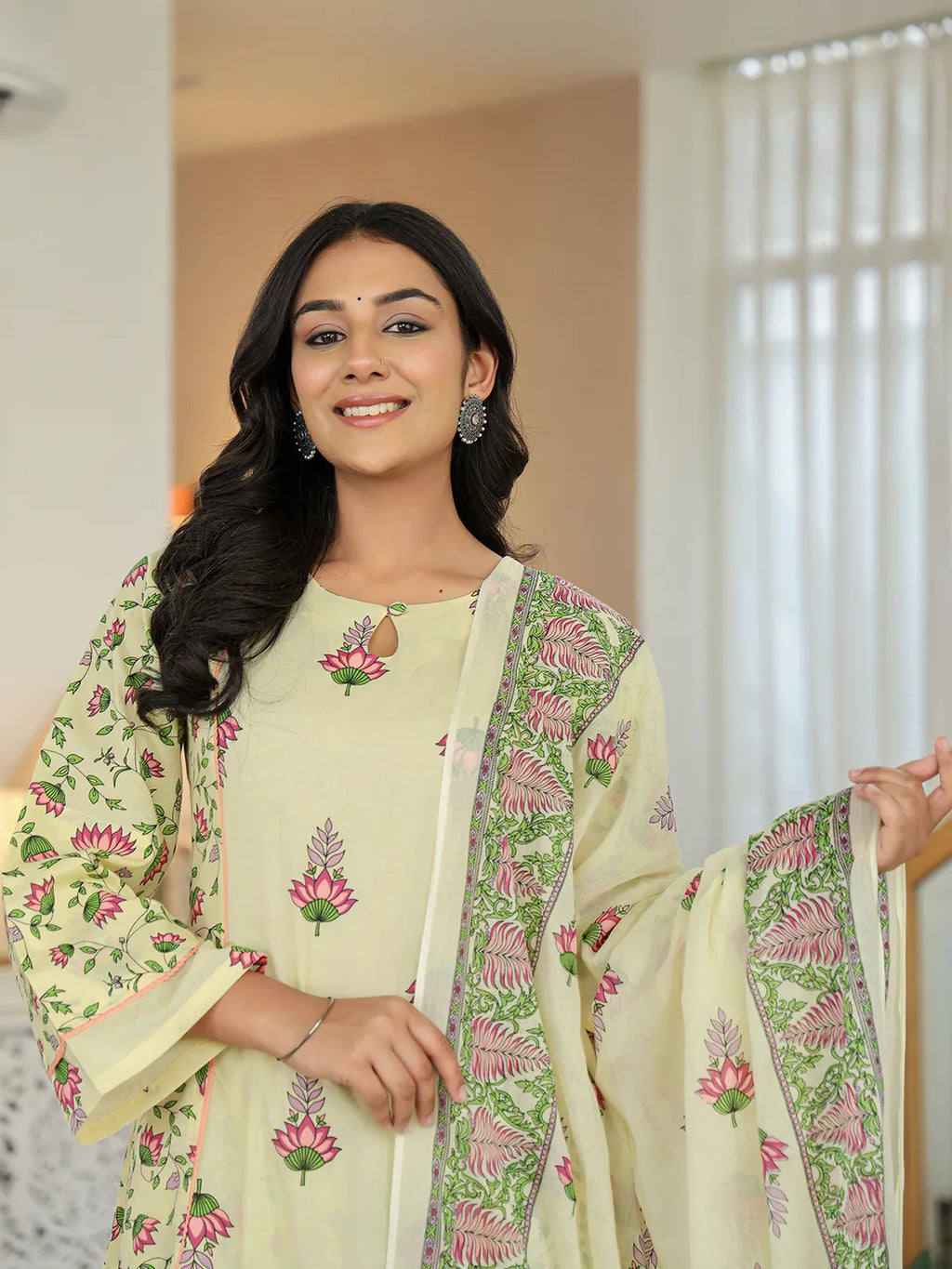 Yufta Yellow Cotton A Line Kurta Dupatta Set | Grocsy