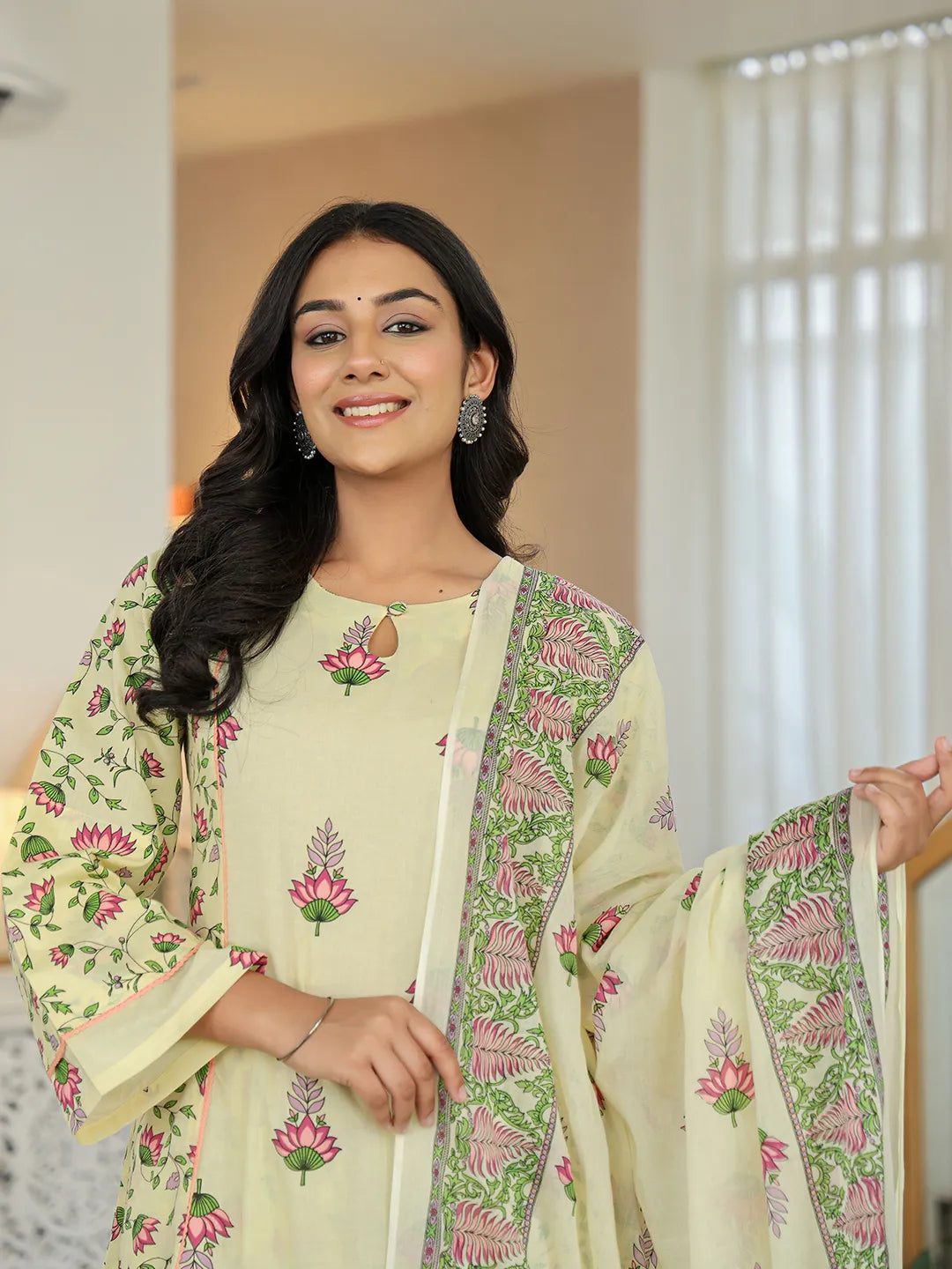 Yufta Yellow Cotton A Line Kurta Dupatta Set | Grocsy