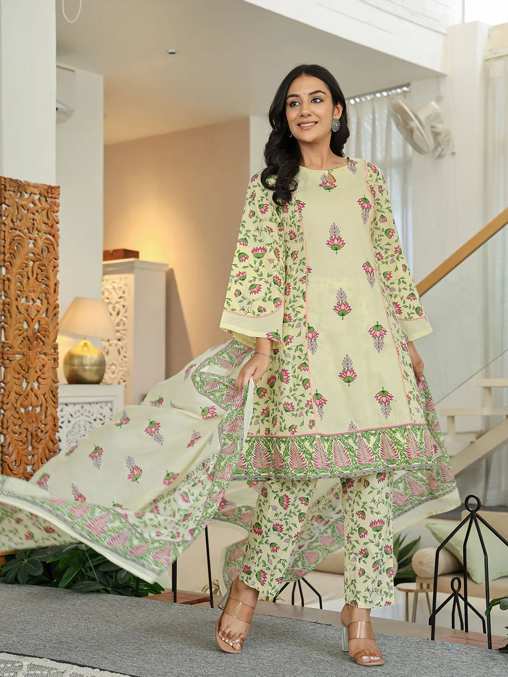 Yufta Yellow Cotton A Line Kurta Dupatta Set | Grocsy