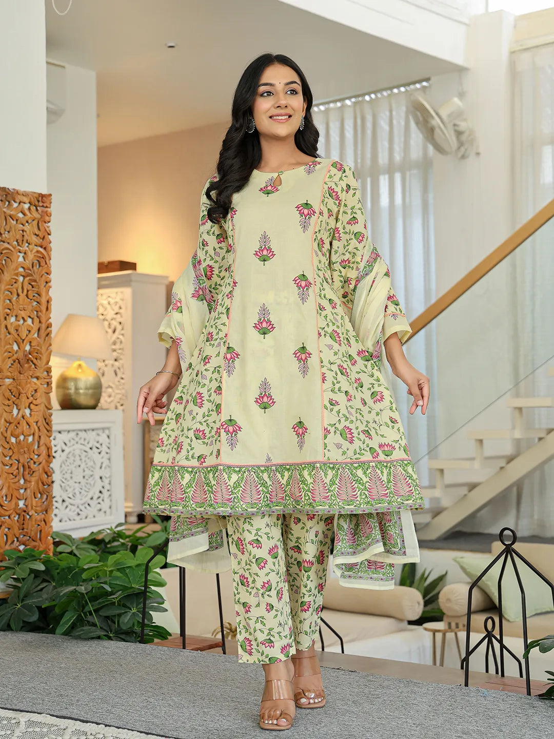 Yufta Yellow Cotton A Line Kurta Dupatta Set | Grocsy