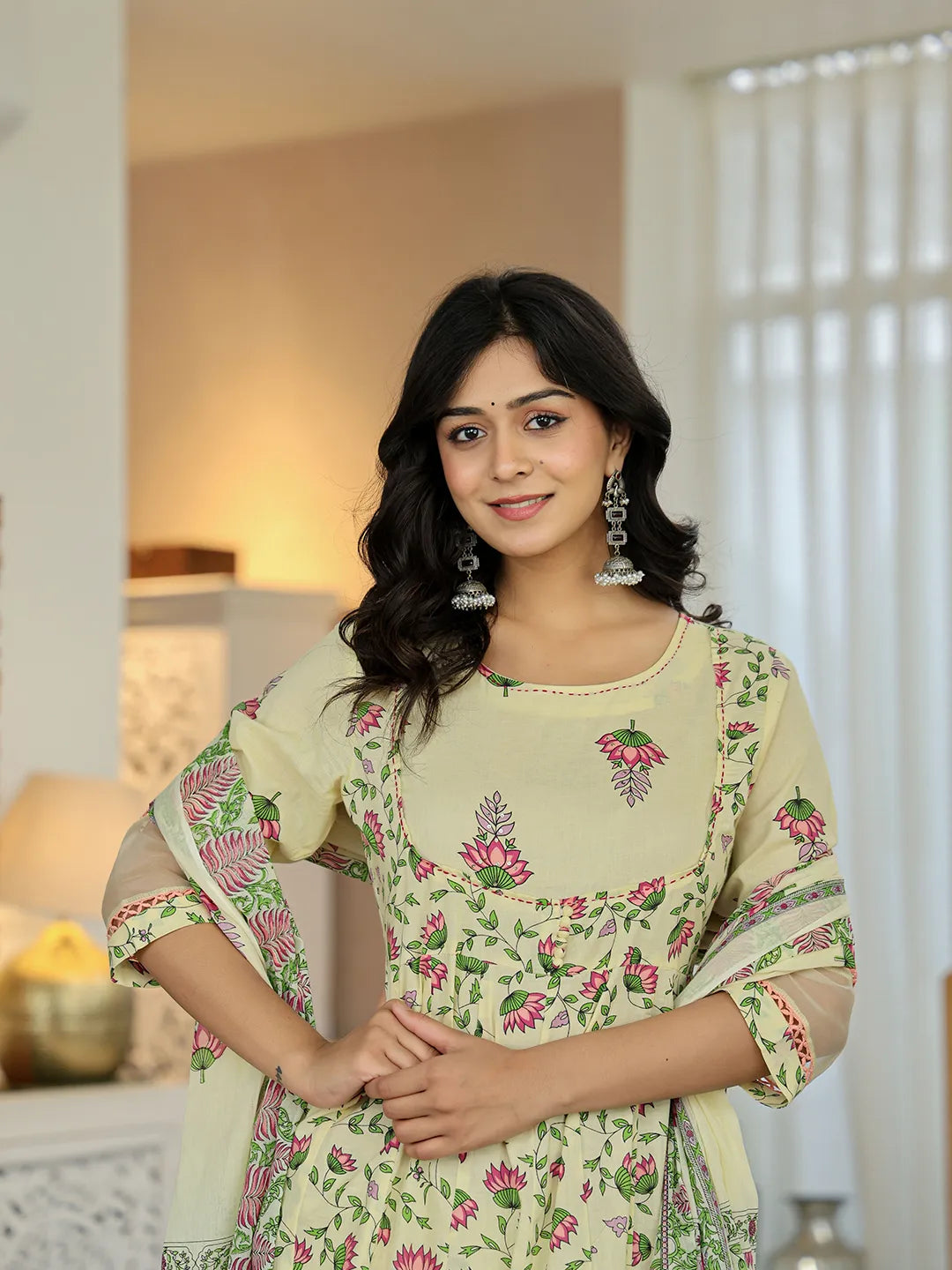 Yufta Yellow Cotton Kalidaar Kurta Dupatta Set | Grocsy