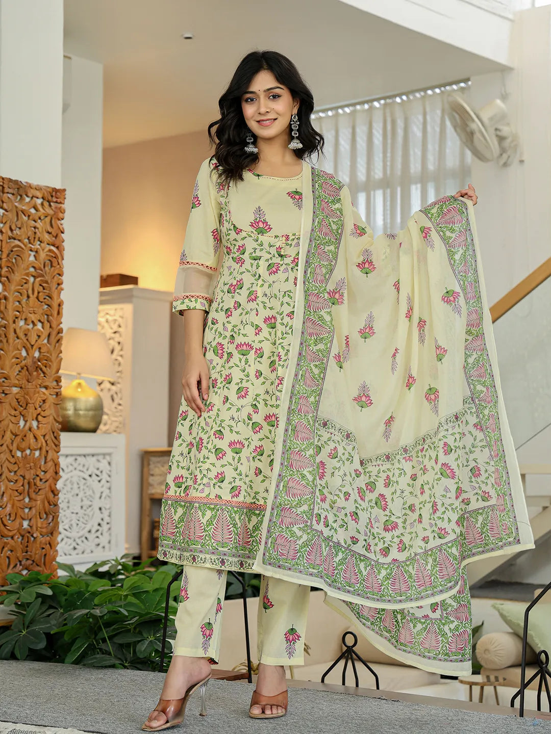 Yufta Yellow Cotton Kalidaar Kurta Dupatta Set | Grocsy