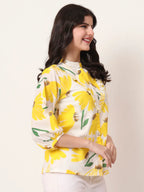 Yufta Yellow Cotton Mandarin Collar Shrit Style Top | Grocsy