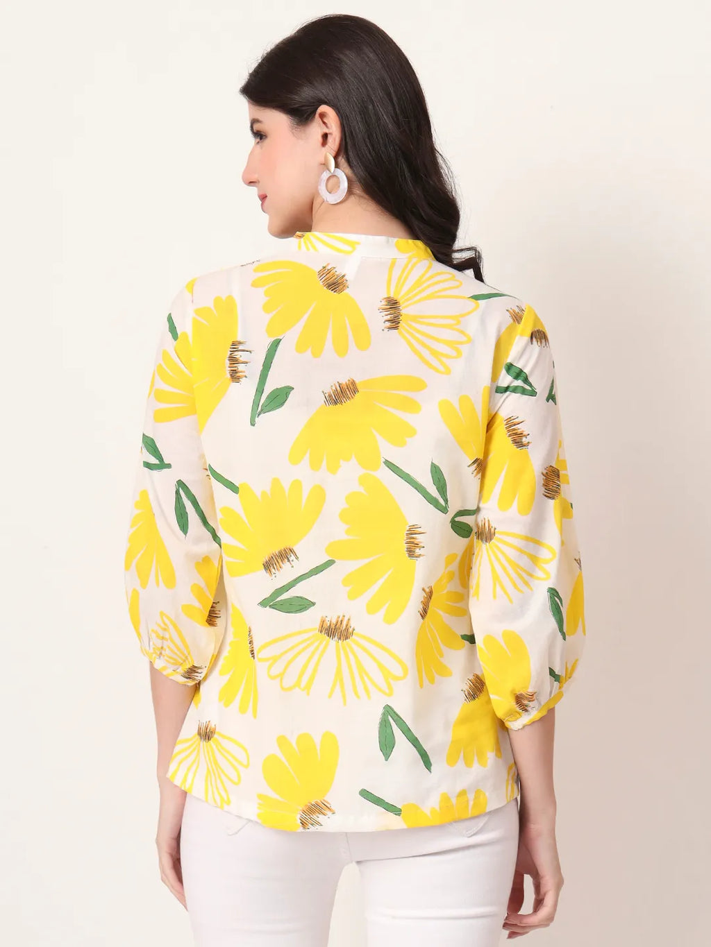 Yufta Yellow Cotton Mandarin Collar Shrit Style Top | Grocsy