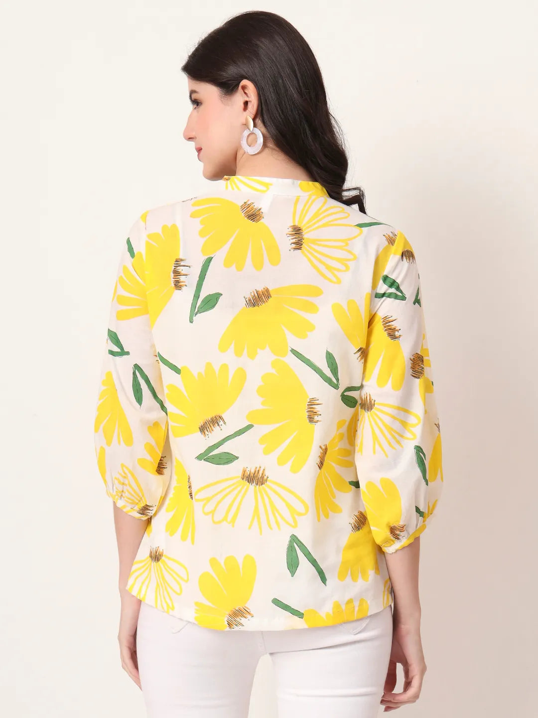 Yufta Yellow Cotton Mandarin Collar Shrit Style Top | Grocsy