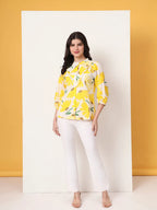 Yufta Yellow Cotton Mandarin Collar Shrit Style Top | Grocsy