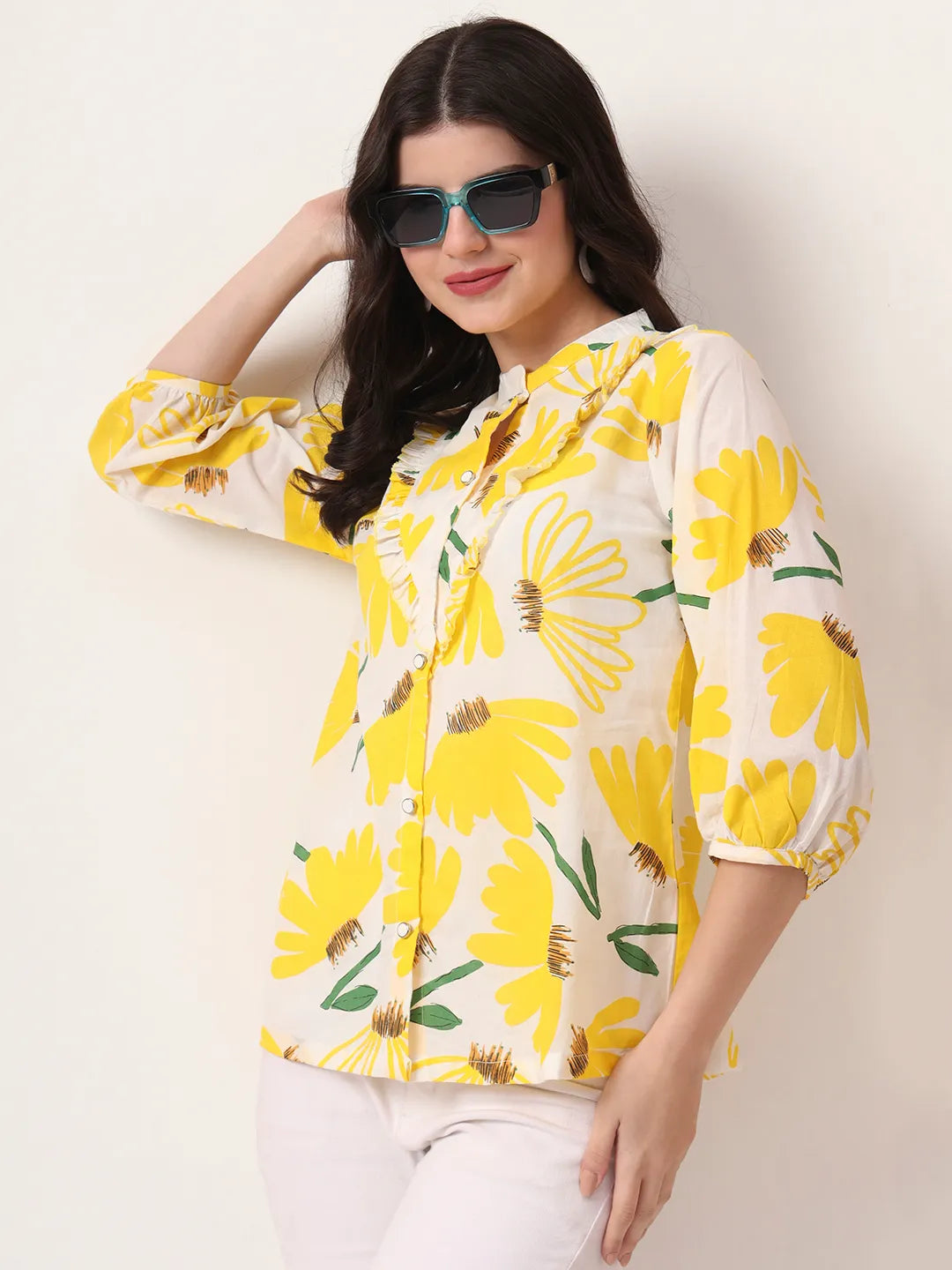 Yufta Yellow Cotton Mandarin Collar Shrit Style Top | Grocsy