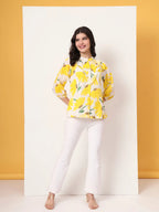 Yufta Yellow Cotton Mandarin Collar Shrit Style Top | Grocsy