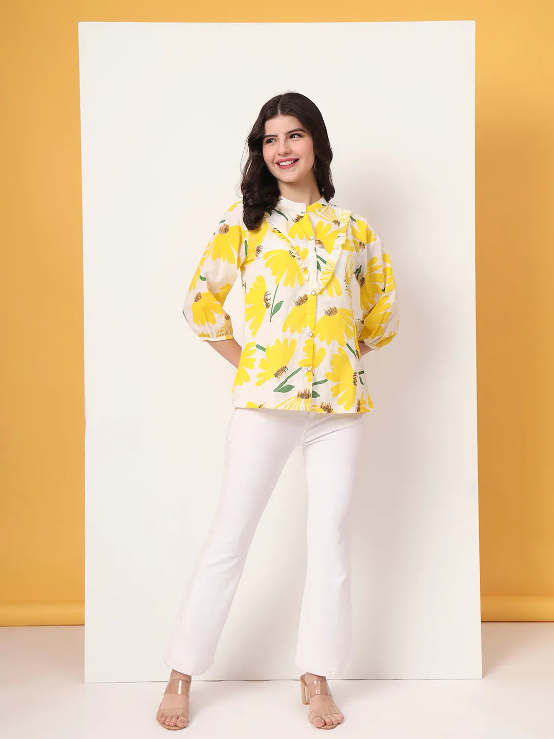 Yufta Yellow Cotton Mandarin Collar Shrit Style Top | Grocsy