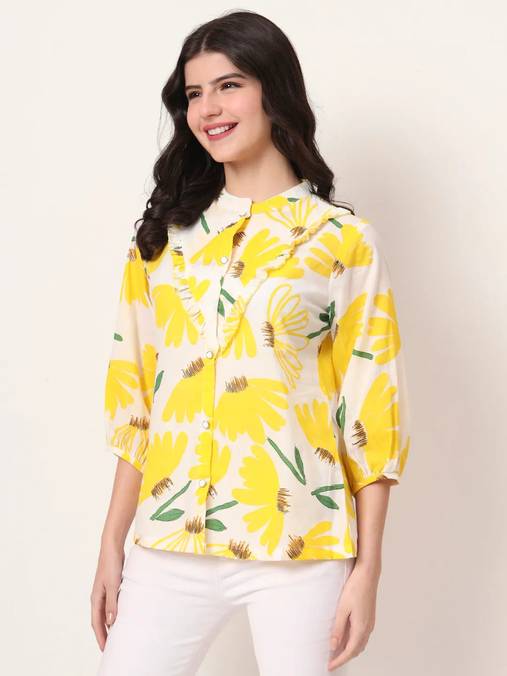 Yufta Yellow Cotton Mandarin Collar Shrit Style Top | Grocsy