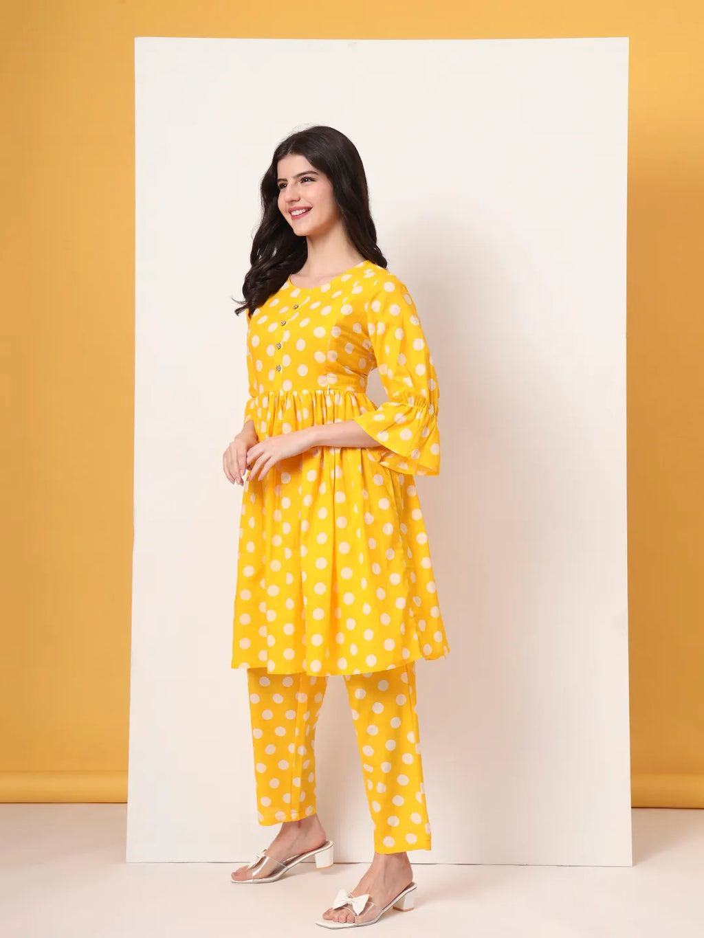 Yufta Yellow Cotton Maternity Gathered Or Pleated Kurta Pants Set | Grocsy