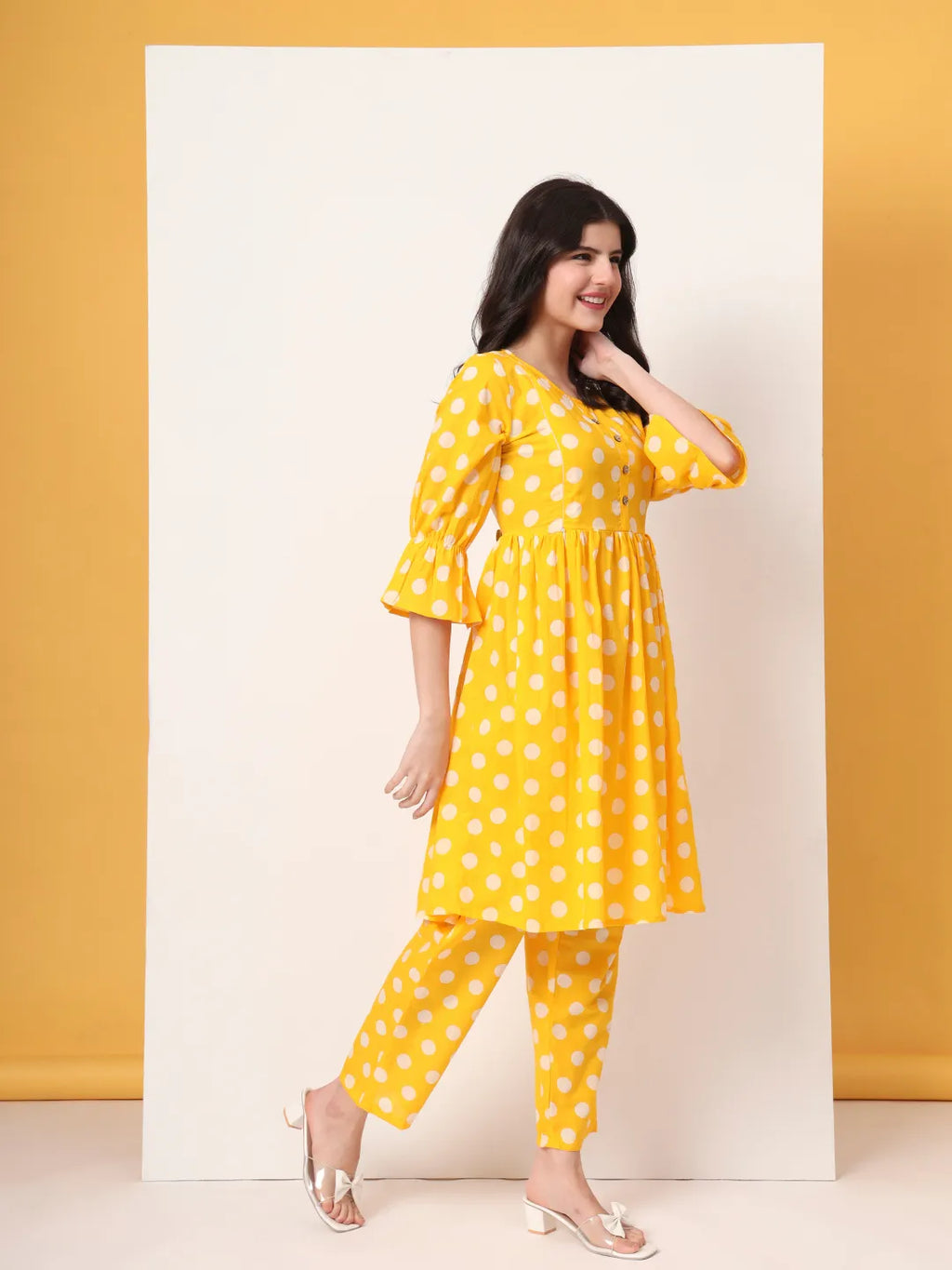 Yufta Yellow Cotton Maternity Gathered Or Pleated Kurta Pants Set | Grocsy