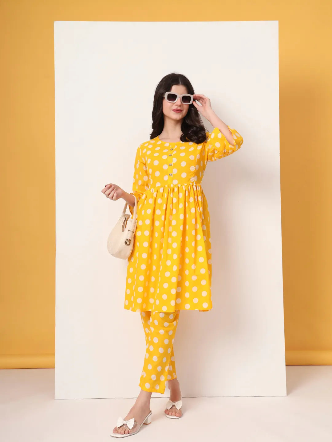 Yufta Yellow Cotton Maternity Gathered Or Pleated Kurta Pants Set | Grocsy