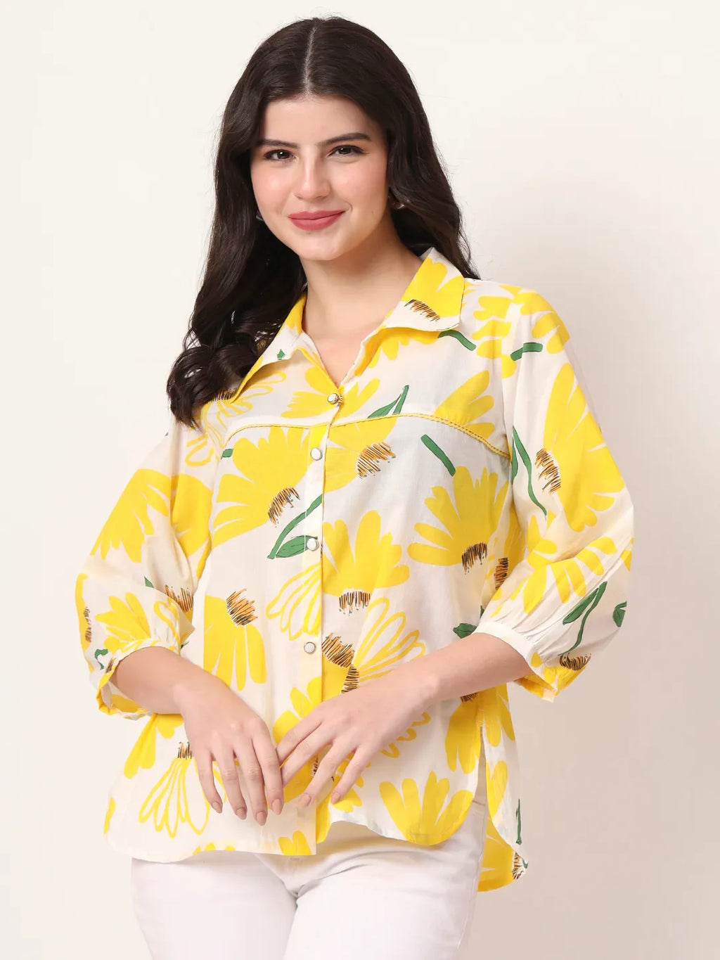 Yufta Yellow Cotton Shirt Collar Shrit Style Top | Grocsy