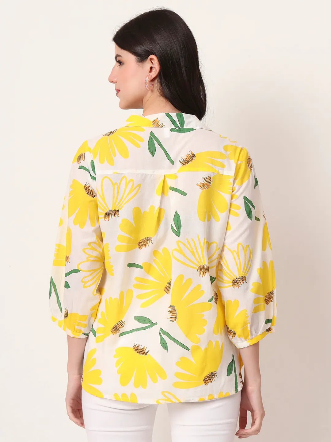 Yufta Yellow Cotton Shirt Collar Shrit Style Top | Grocsy