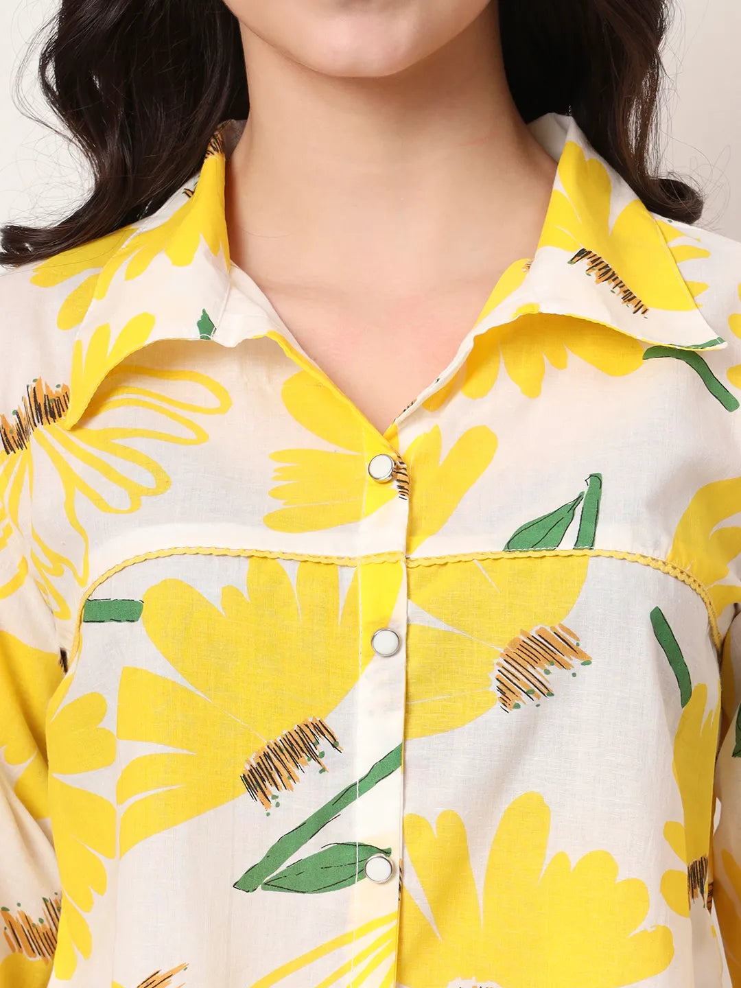 Yufta Yellow Cotton Shirt Collar Shrit Style Top | Grocsy
