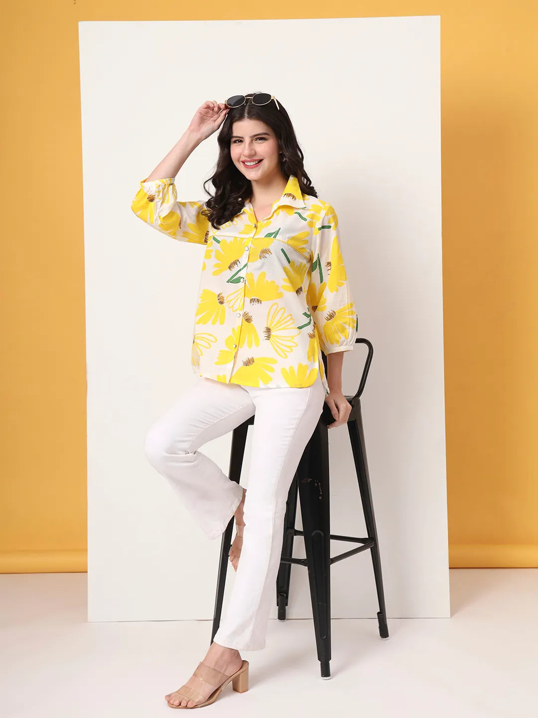 Yufta Yellow Cotton Shirt Collar Shrit Style Top | Grocsy