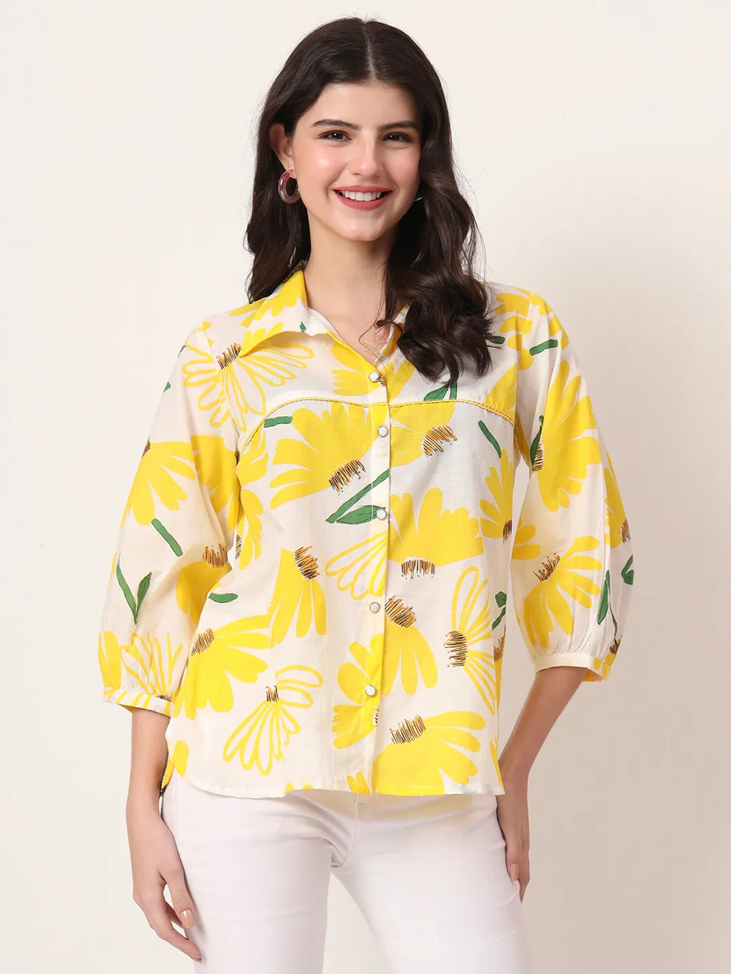 Yufta Yellow Cotton Shirt Collar Shrit Style Top | Grocsy
