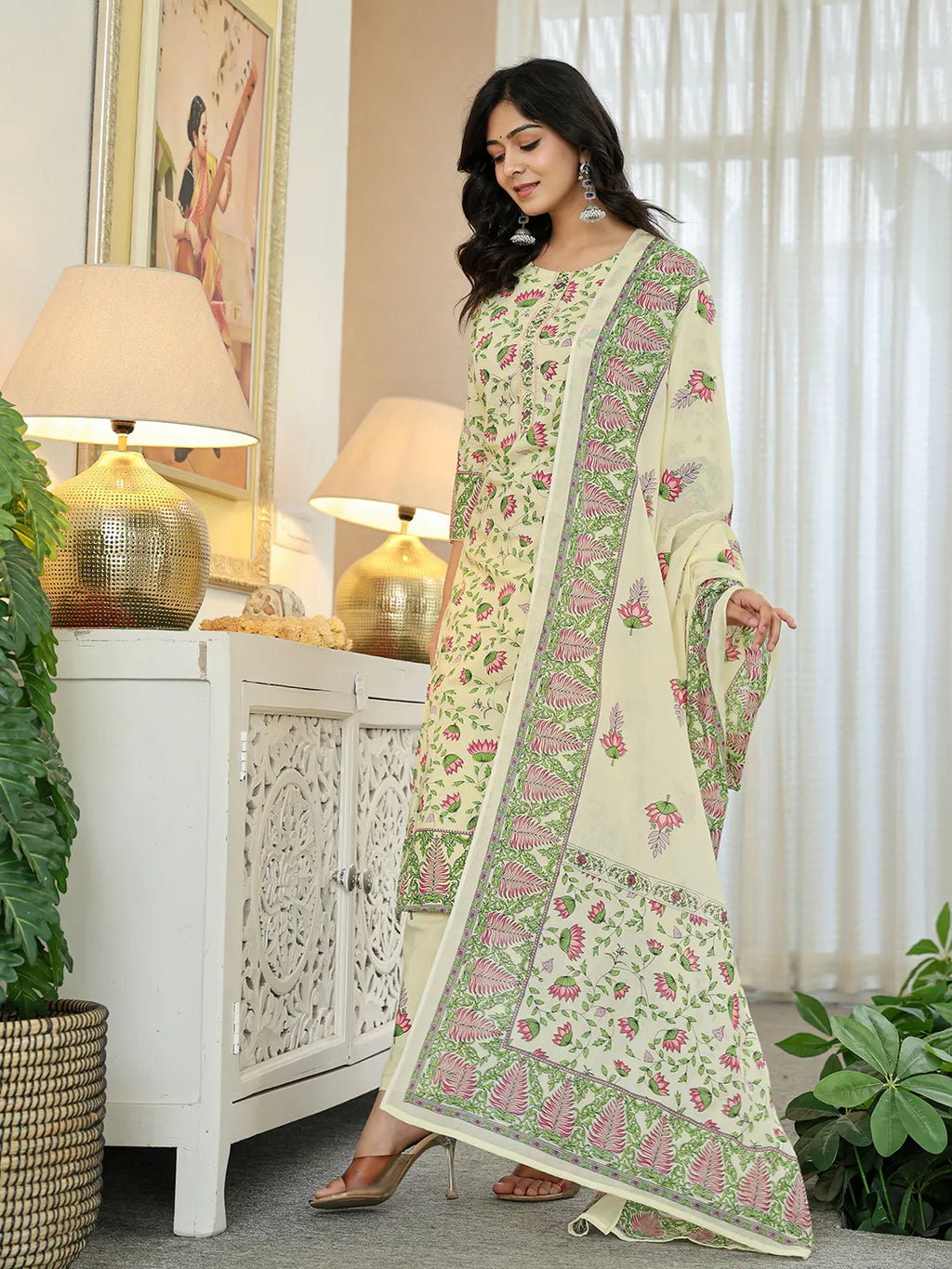 Yufta Yellow Cotton Straight Floral Print Kurta Dupatta Set | Grocsy
